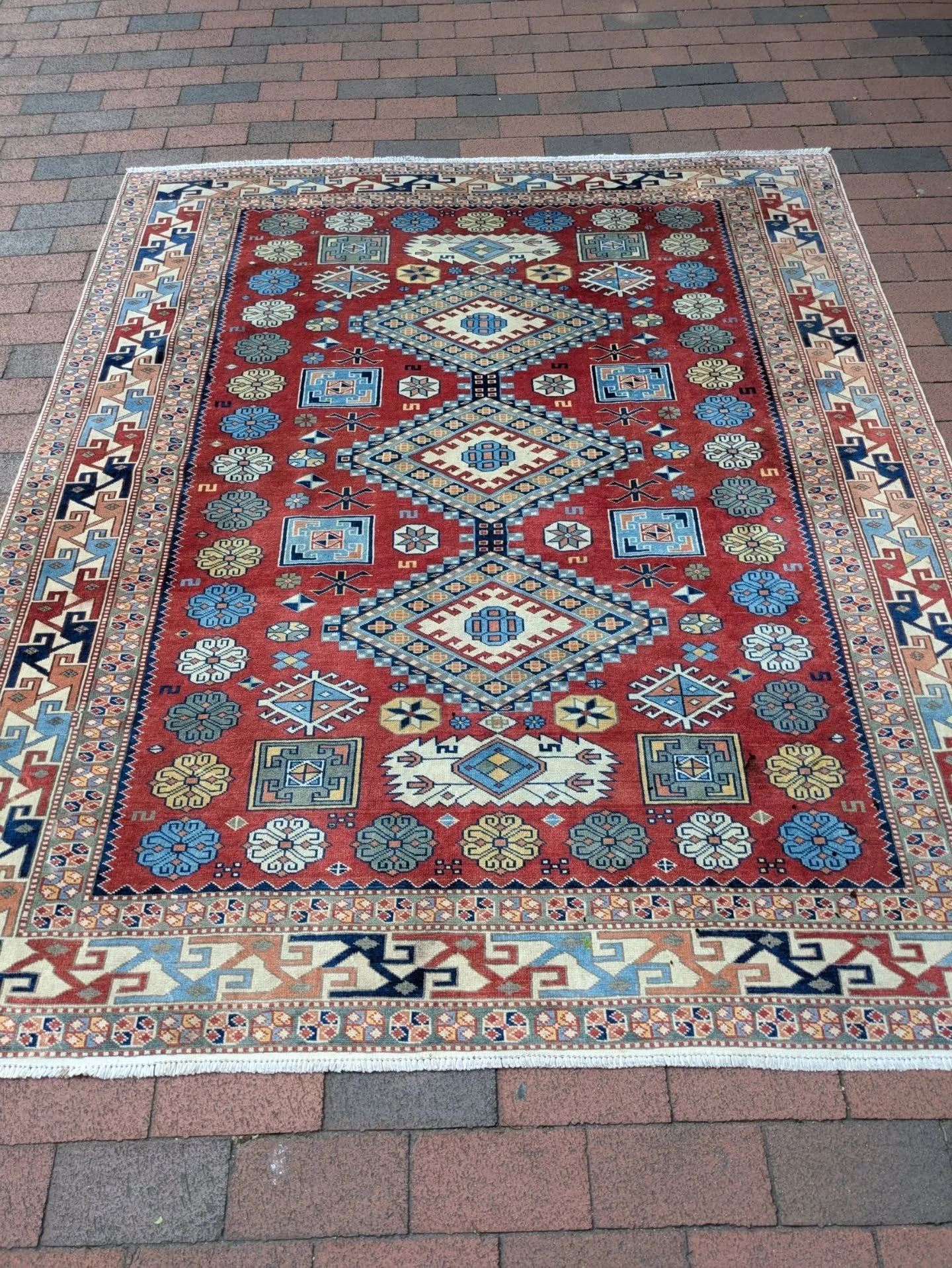 ~AVAILABLE~

Here we have a Very Fine Handmade Kazak Rug

Unusual Square size with the most luxurious colour combinations!  I personally adore this piece as it reminds of my childhood watching grandad restoring one... 

Size: 195cm by 165cm

Professi