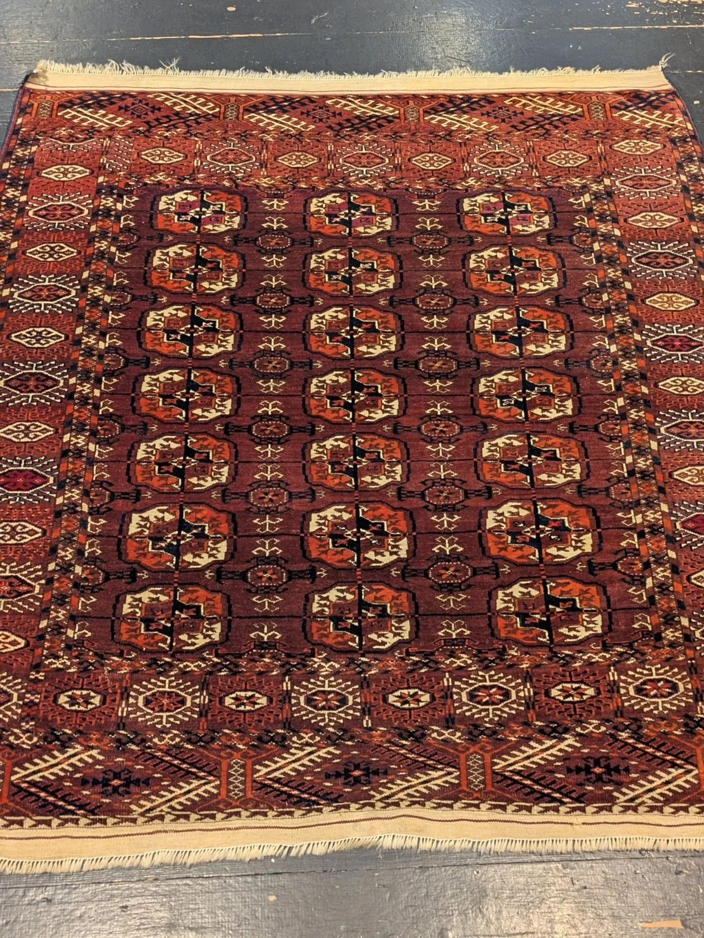 ~AVAILABLE~

Circa 1900- Fine Handmade Turkmen Rug in excellent condition 

A true masterpiece with fine details. Original long kilims on each end, the rug is made of goat wool which has the most durability in wearing!

Size: 124cm by 123cm 

Profess