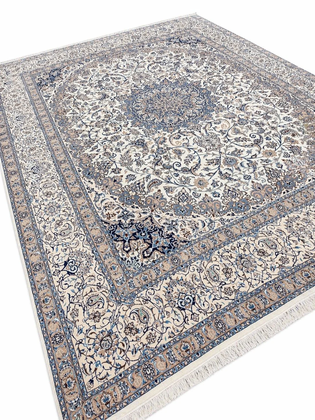 ~AVAILABLE~

Here we have a Handmade Persian Nain 12LA Rug.

Made of Silk &amp; Wool on an ivory background with plenty of Blues &amp; browns. 
In excellent condition, this Rug would grace any space.

Size: 490cm by 394cm

Professionally Washed 

Fre