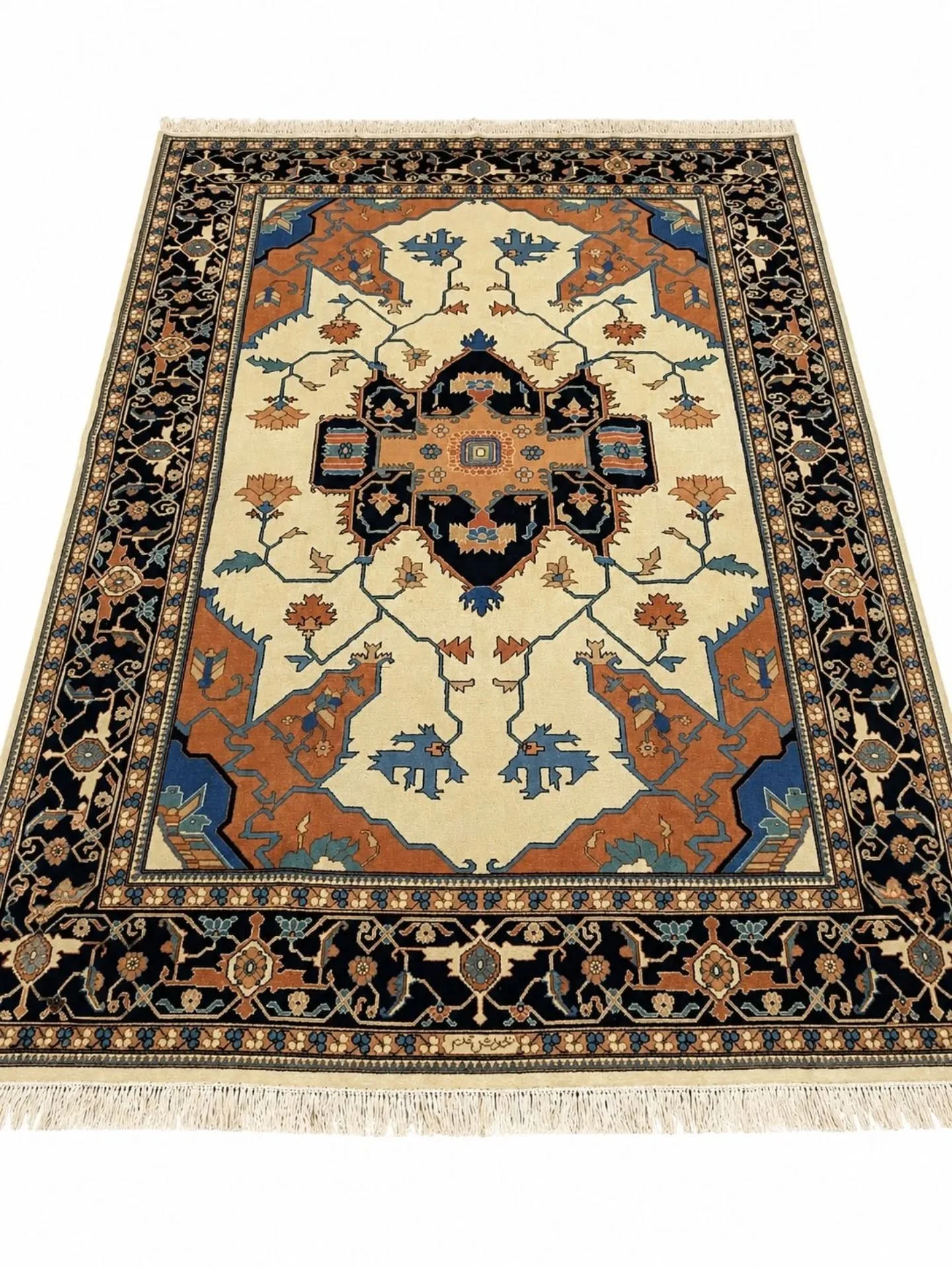 ~AVAILABLE~

Here we have a Stunning Handmade Oriental Rug (Heriz Design). 

Filled with an attractive medallion on an ivory background. The borders are extraordinary, its muted colours really make this piece stand out!

Size: 360cm by 272cm

Free De