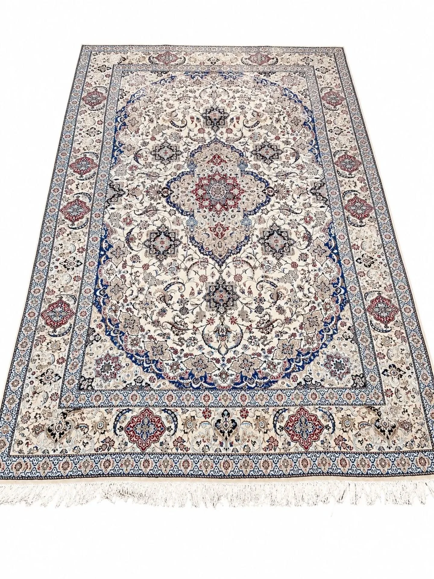 ~AVAILABLE~

Fine Handmade Persian Nain 9LA Rug in excellent condition!

27 metres Square, filled with an attractive medallion on an ivory background. Lovely Blue borders combined with plenty of Silk. 

If you're looking for an Ultra Large Persian Ru