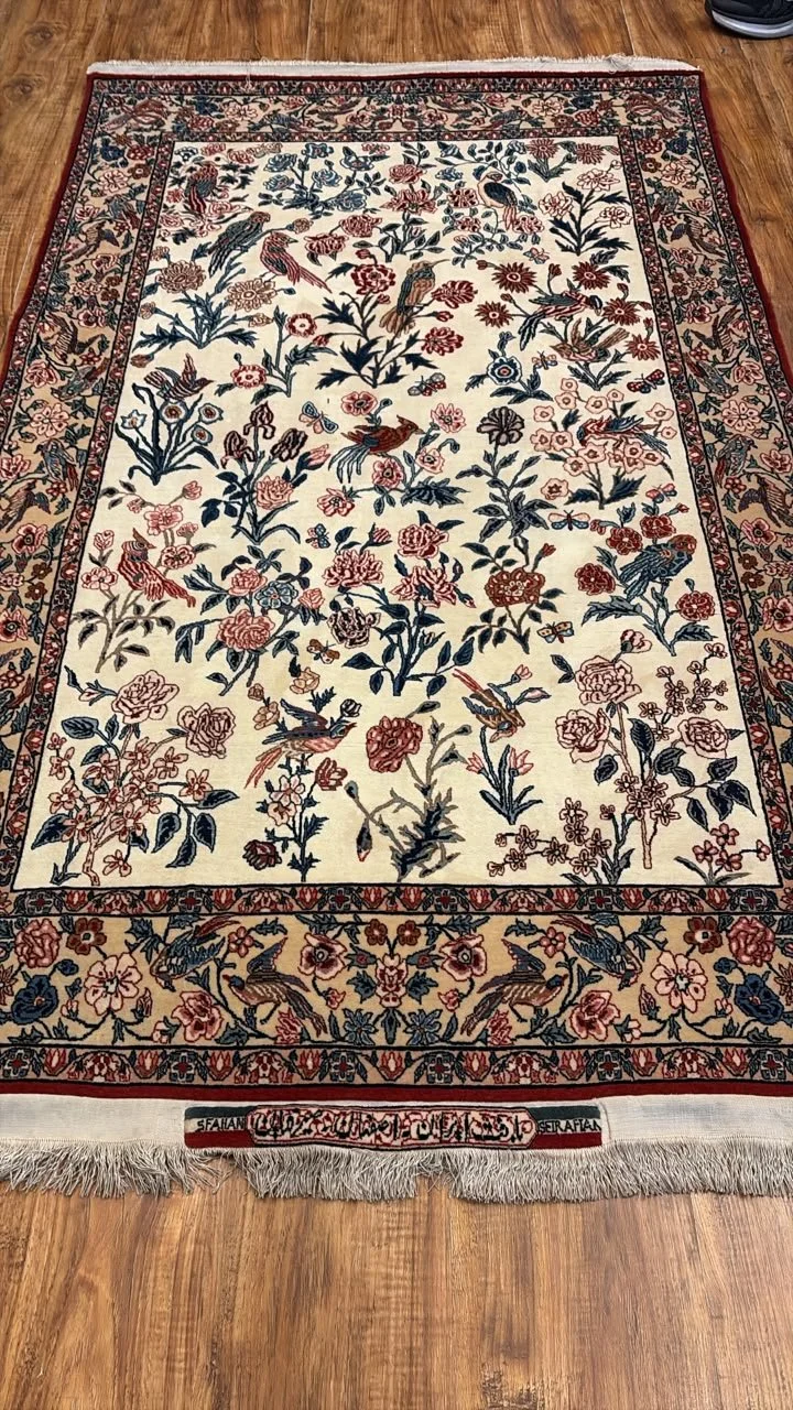 Rare Persian Isfahan Seirafian Gol-o-Bolbol Rug