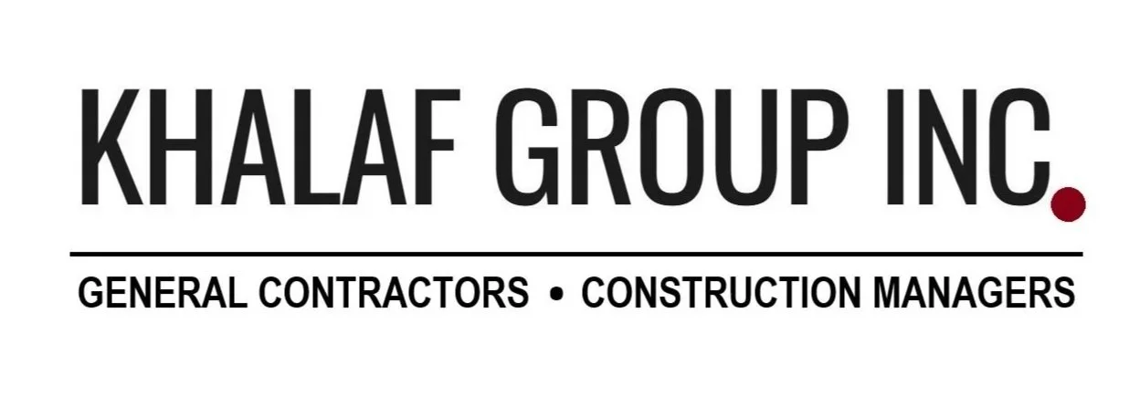 Logo for Khalaf Group Inc., a construction company, featuring bold black text on a white background with a small red dot.