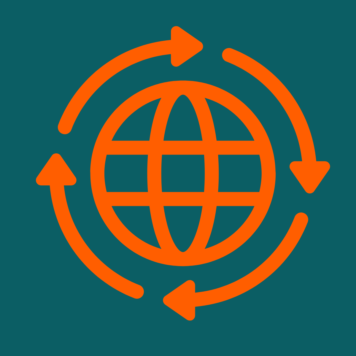 Icon of a globe surrounded by spinning arrows, representing global connectivity or international exchange.