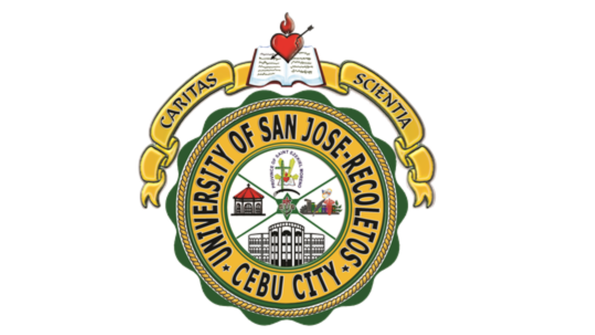 Emblem of Cebu City with a ribbon and symbols representing education, community, and government, with a book and heart at the top.