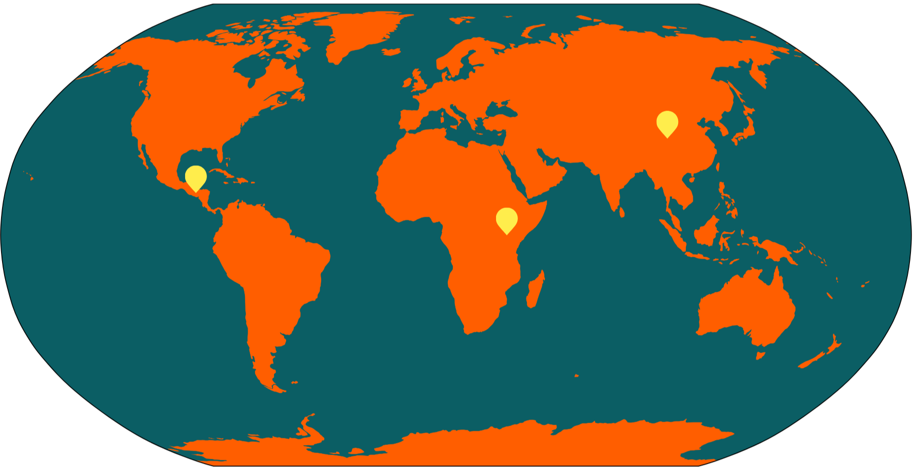A world map with countries in orange and oceans in dark blue, featuring three yellow location markers in the Caribbean, East Africa, and eastern China.