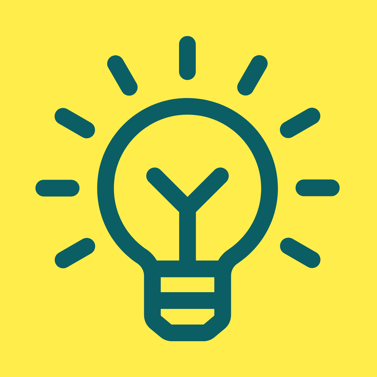 Icon of a light bulb with rays of light, on a yellow background.