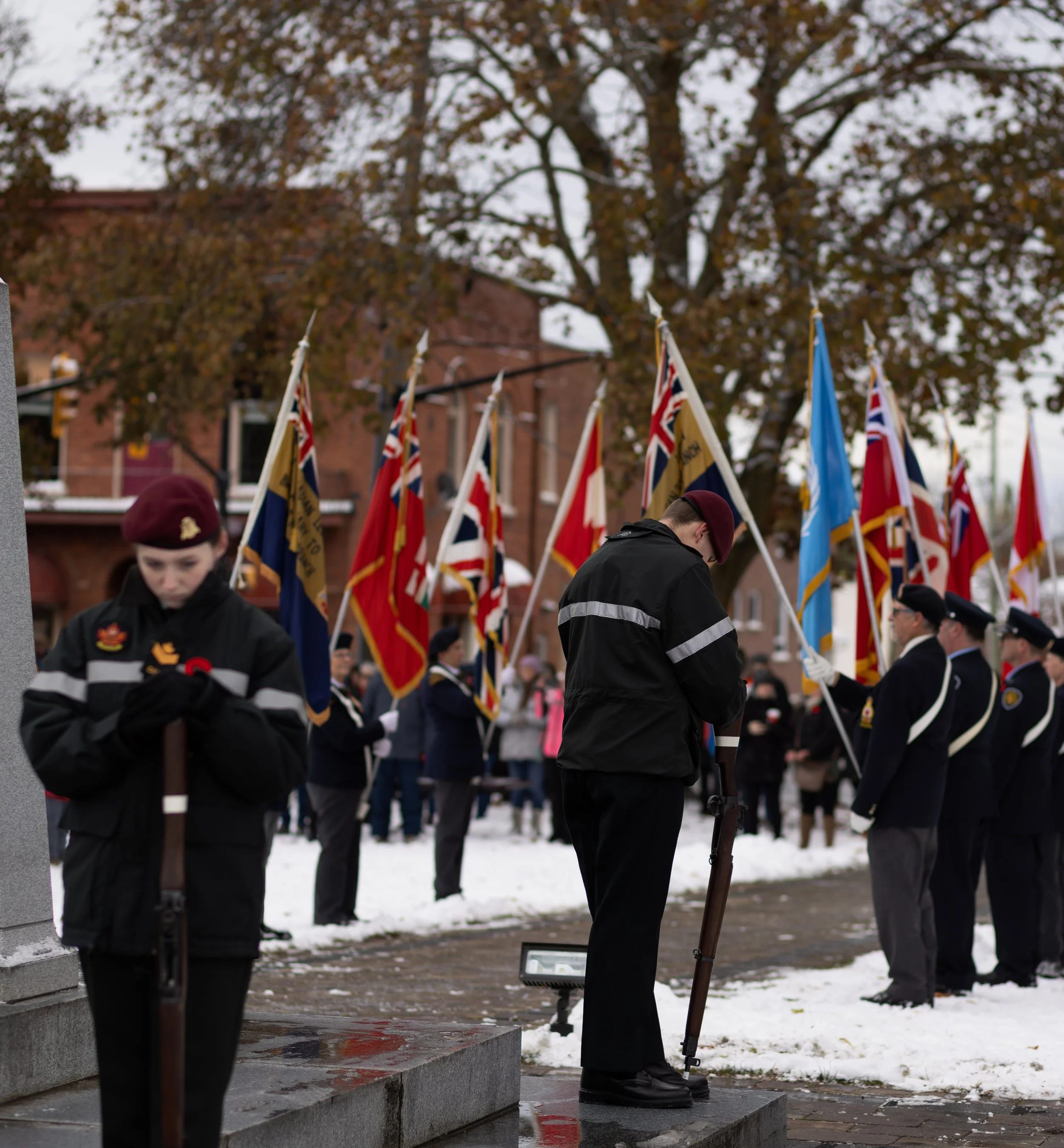 People participating in a memorial or remembrance event, holding flags and standing solemnly in a winter setting with snow on the ground, in front of a red brick building and trees with autumn-colored leaves.