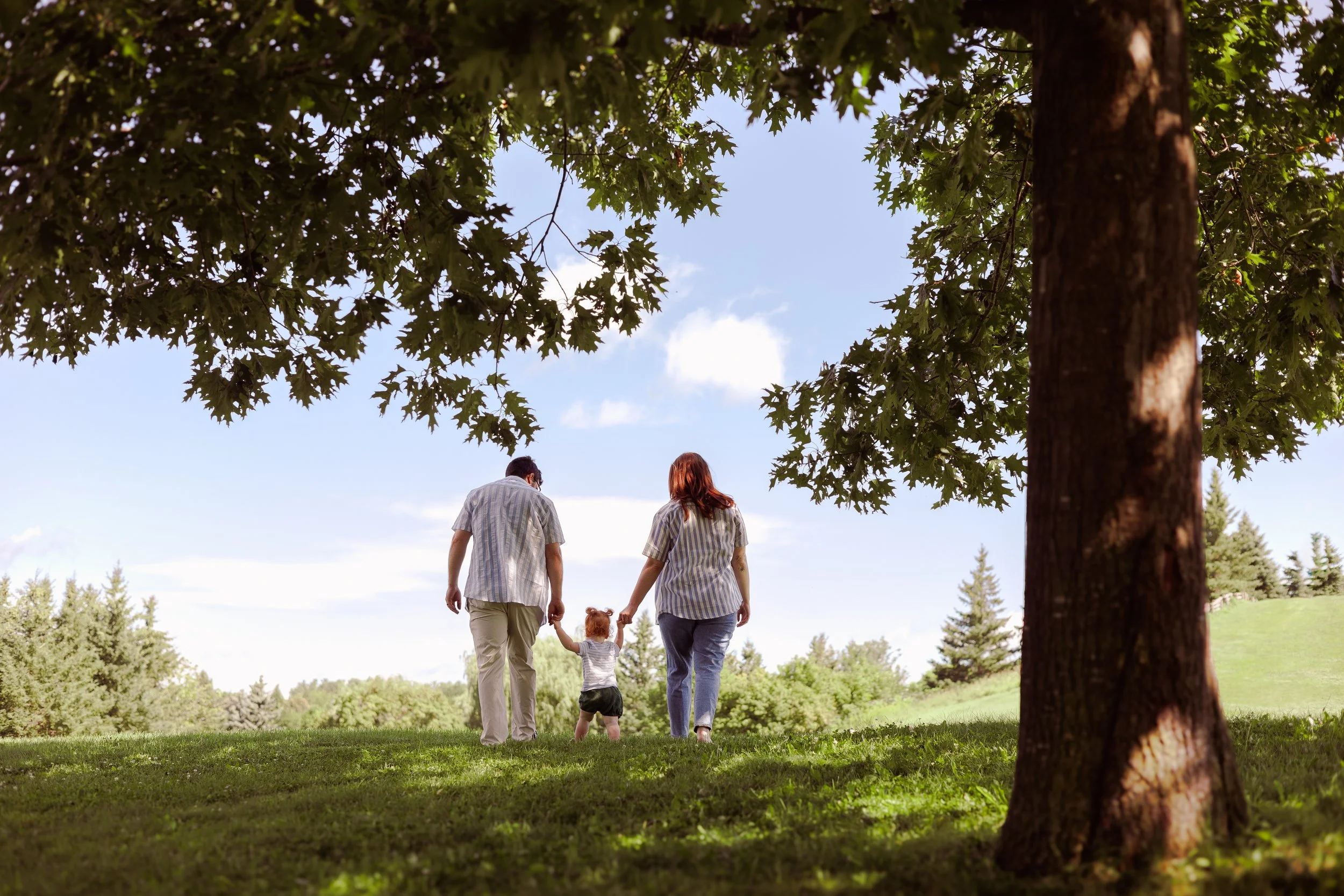 A family of three walking hand-in-hand through a park on a sunny day with large trees and a green landscape.
