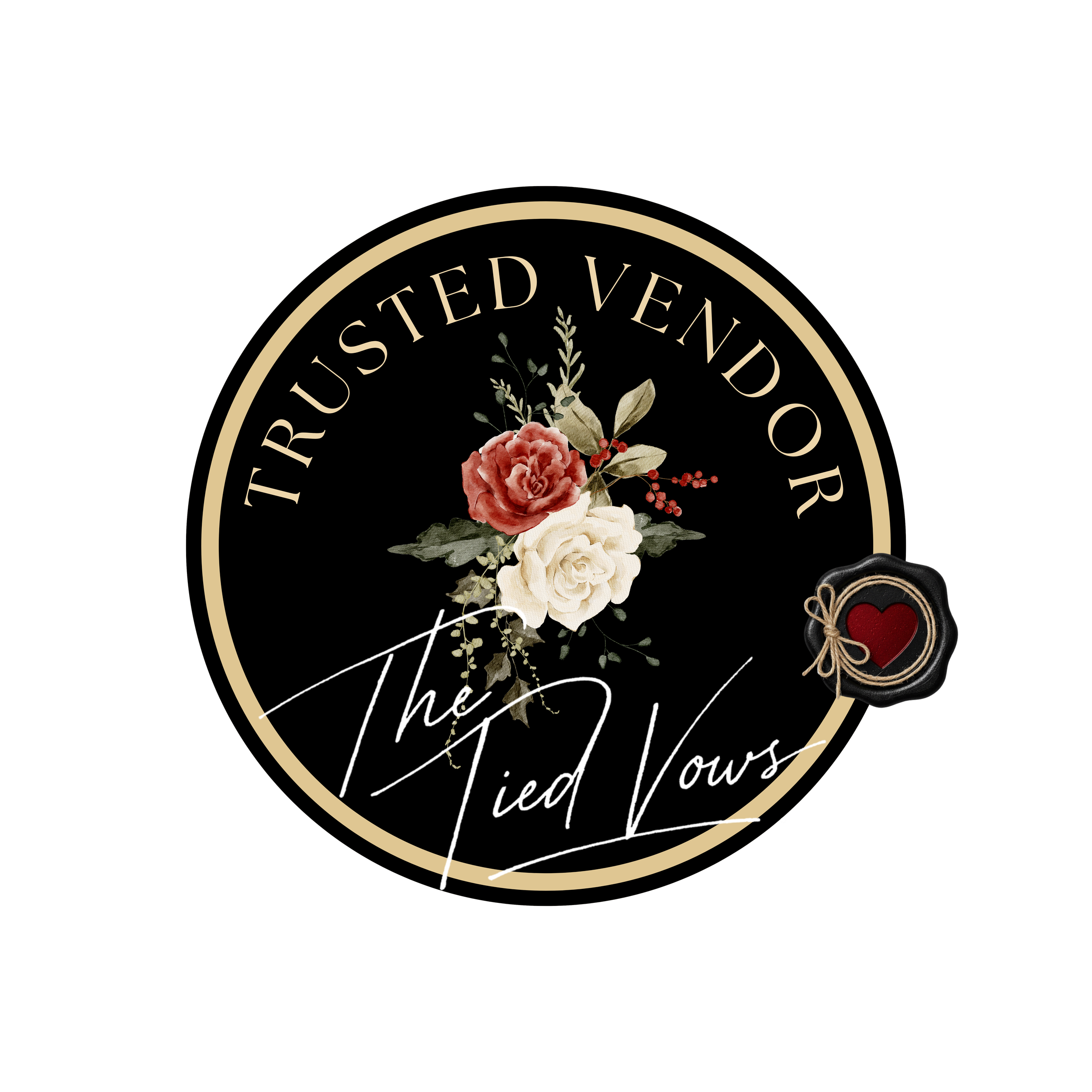 A circular logo with a black background. The text "Trusted Vendor" at the top and "The Tied Vows" at the bottom. In the center, there is a floral arrangement with a pink rose, a white rose, and green leaves. To the right, a wax seal with a red heart and a twine bow.