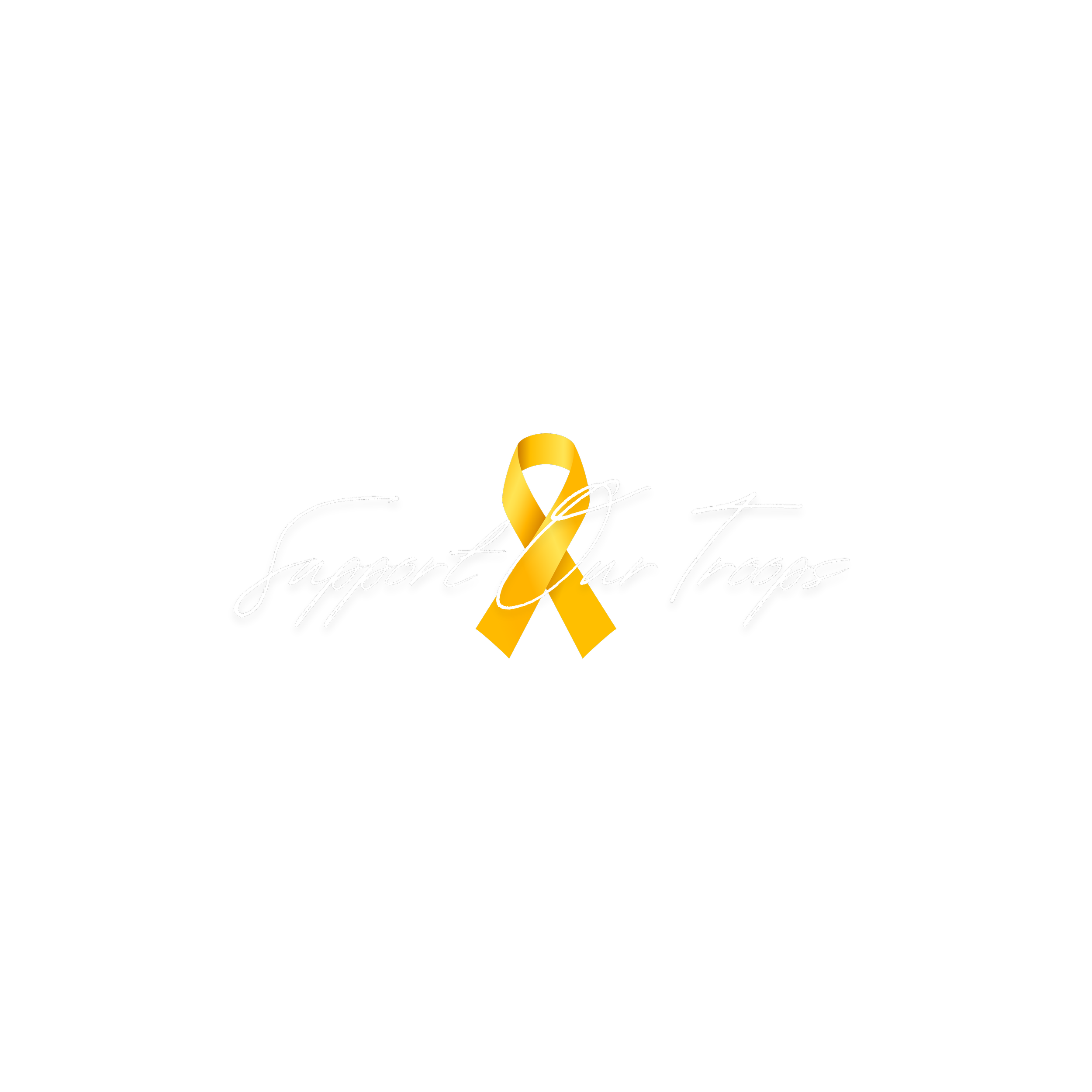Support our troops logo with yellow ribbon and white cursive text on black background.