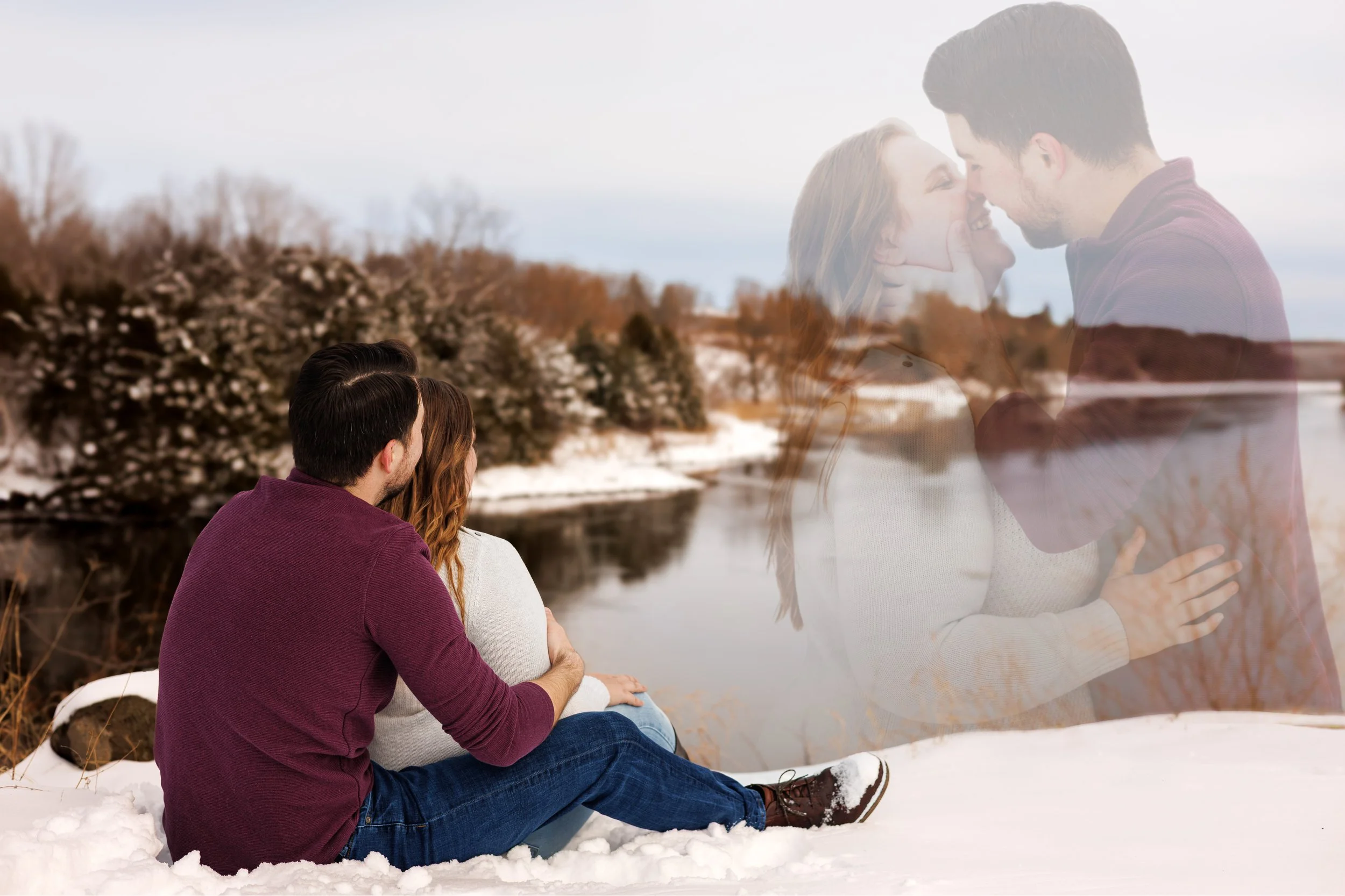 A couple sitting by a snowy river, embracing and looking at each other, with a superimposed transparent image of their close-up faces touching.