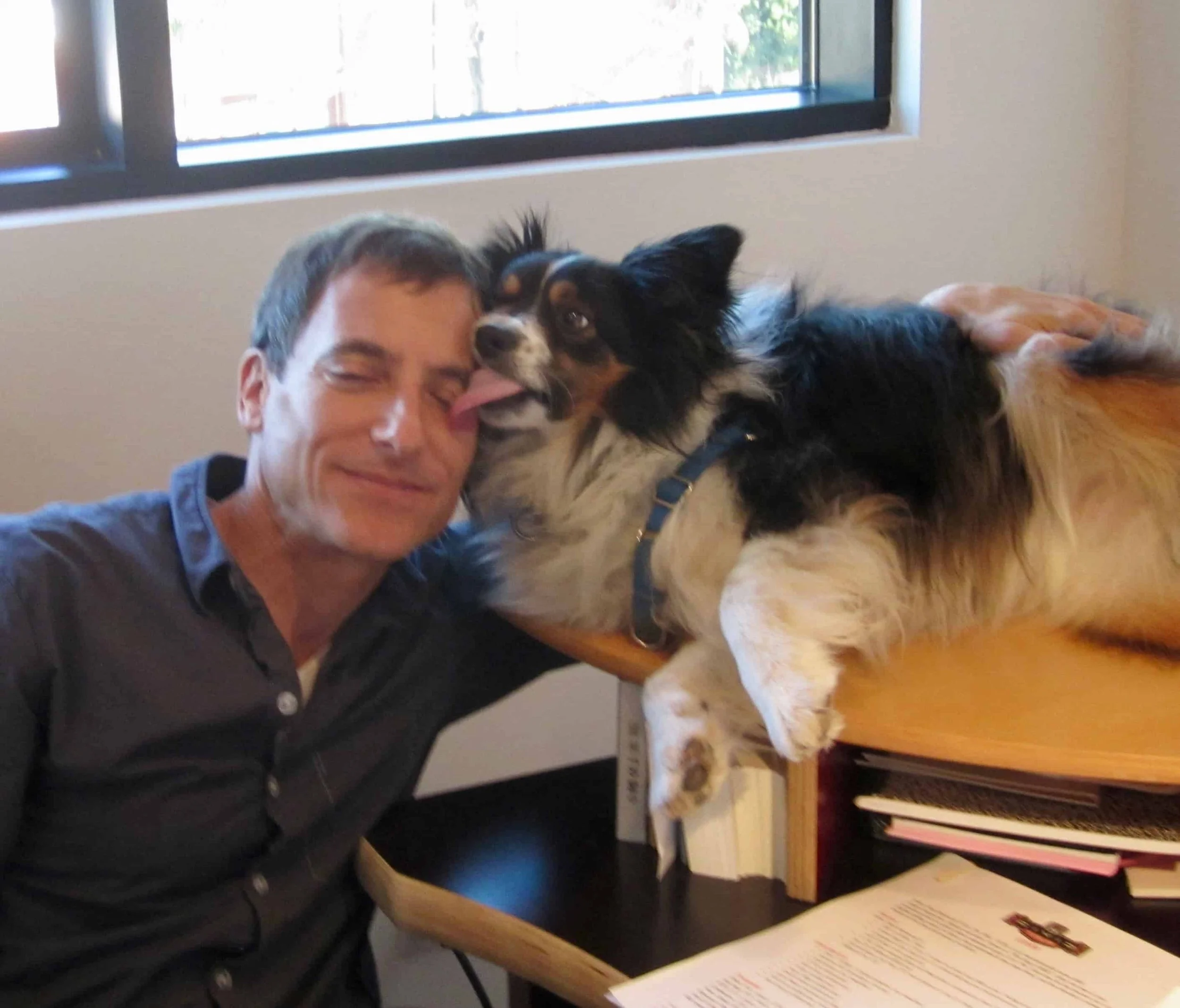 Me at work with my boss, Milo the mini-Aussie.