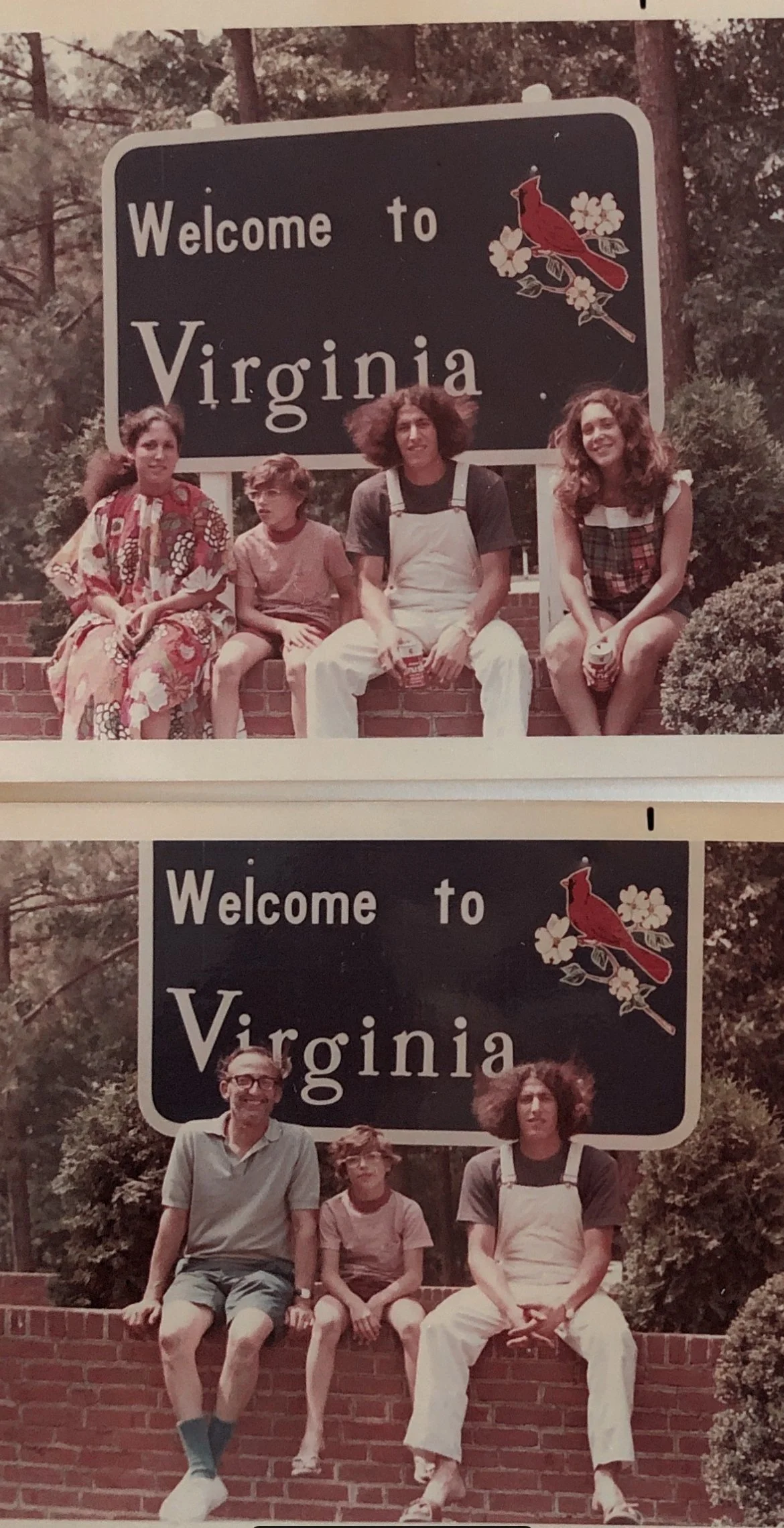 Virginia with Ann, Sue, Jim, and me (top) and dad, Jim, and me (bottom). 