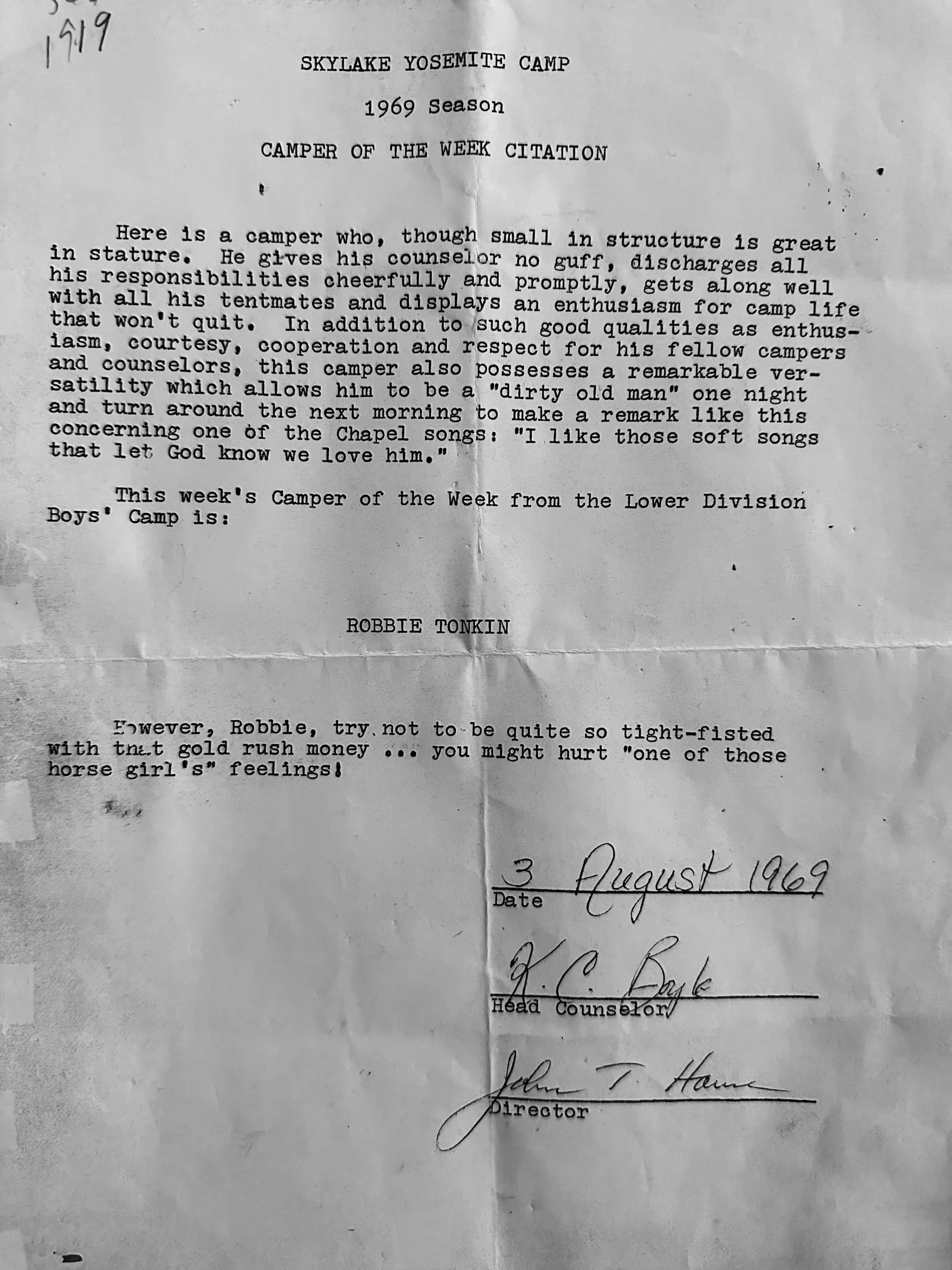 My Skylake Yosemite Camp, Camper of the Week award, one of the most coveted and revered memories from my childhood.