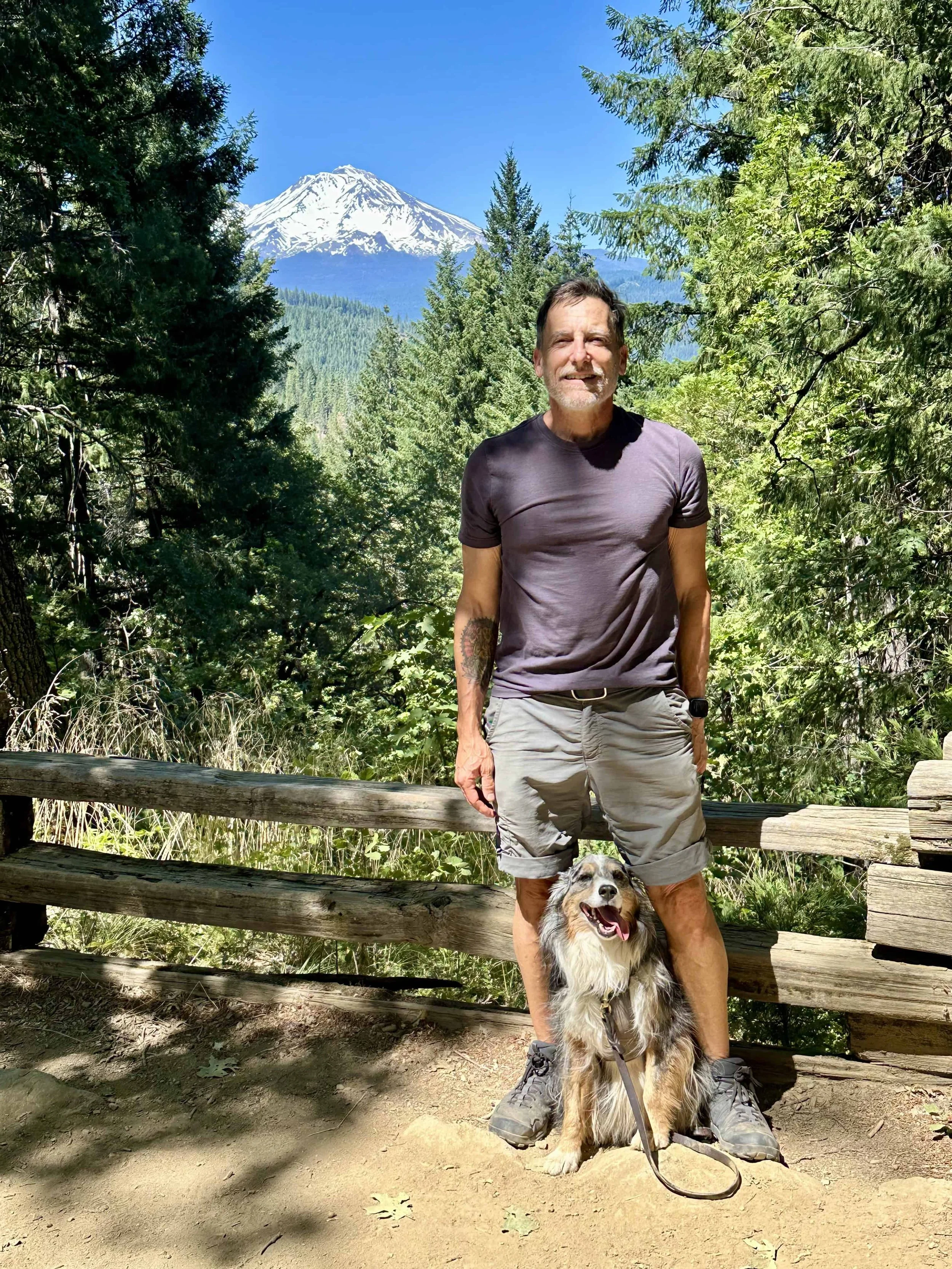 Mount Shasta in the background as Ernie and I road tripped to a wedding in Portland from Los Angeles and back in 2024.