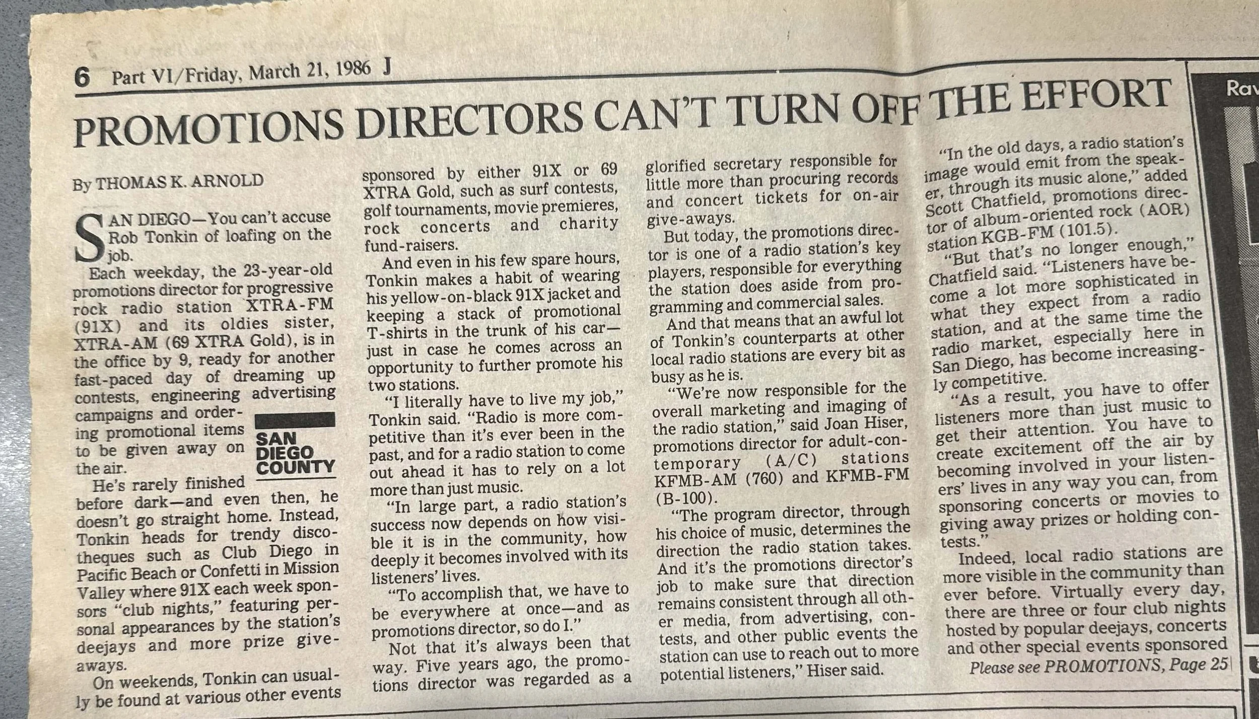 LA Times story about promotions directors at radio station that featured me.