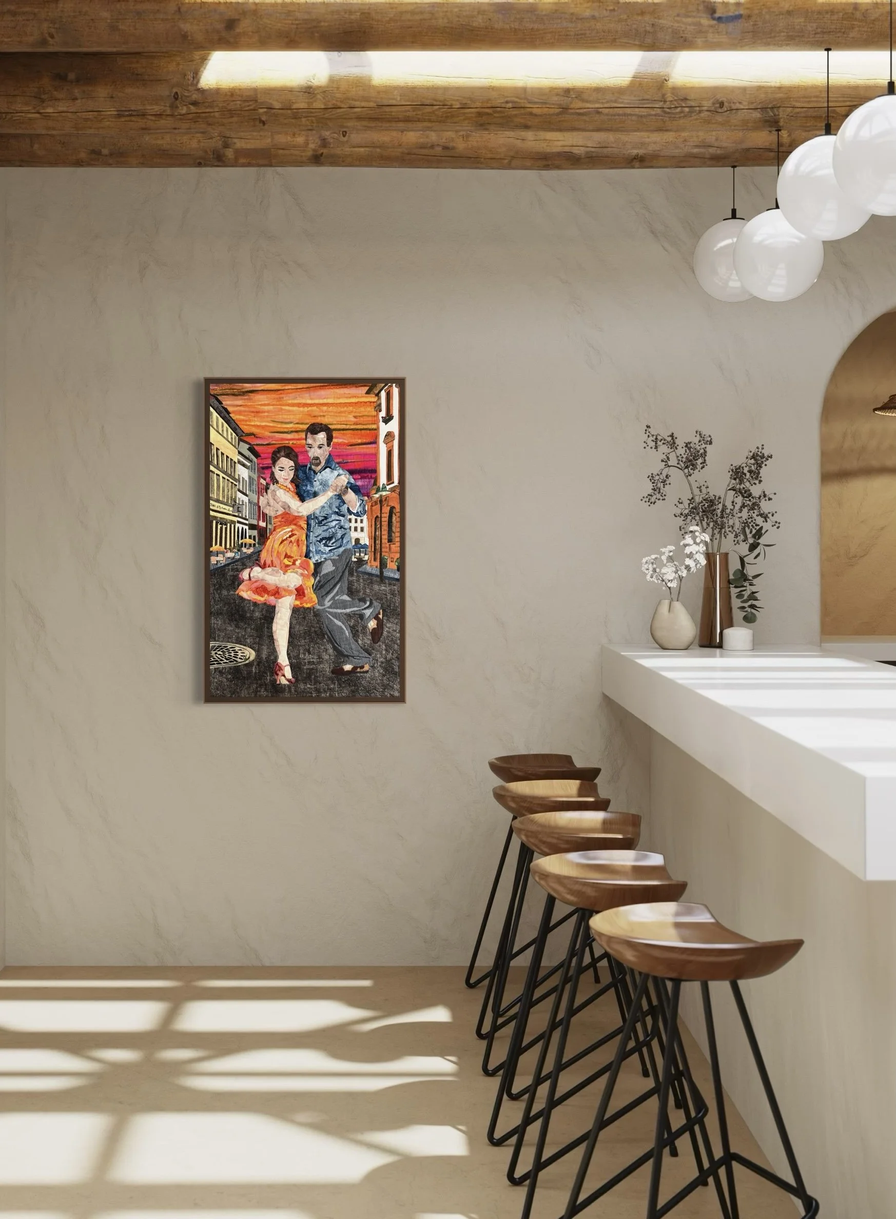 Tango Artwork by Cynthia Minoli, Textile artwork of dancing couple, Tango Fabric collage