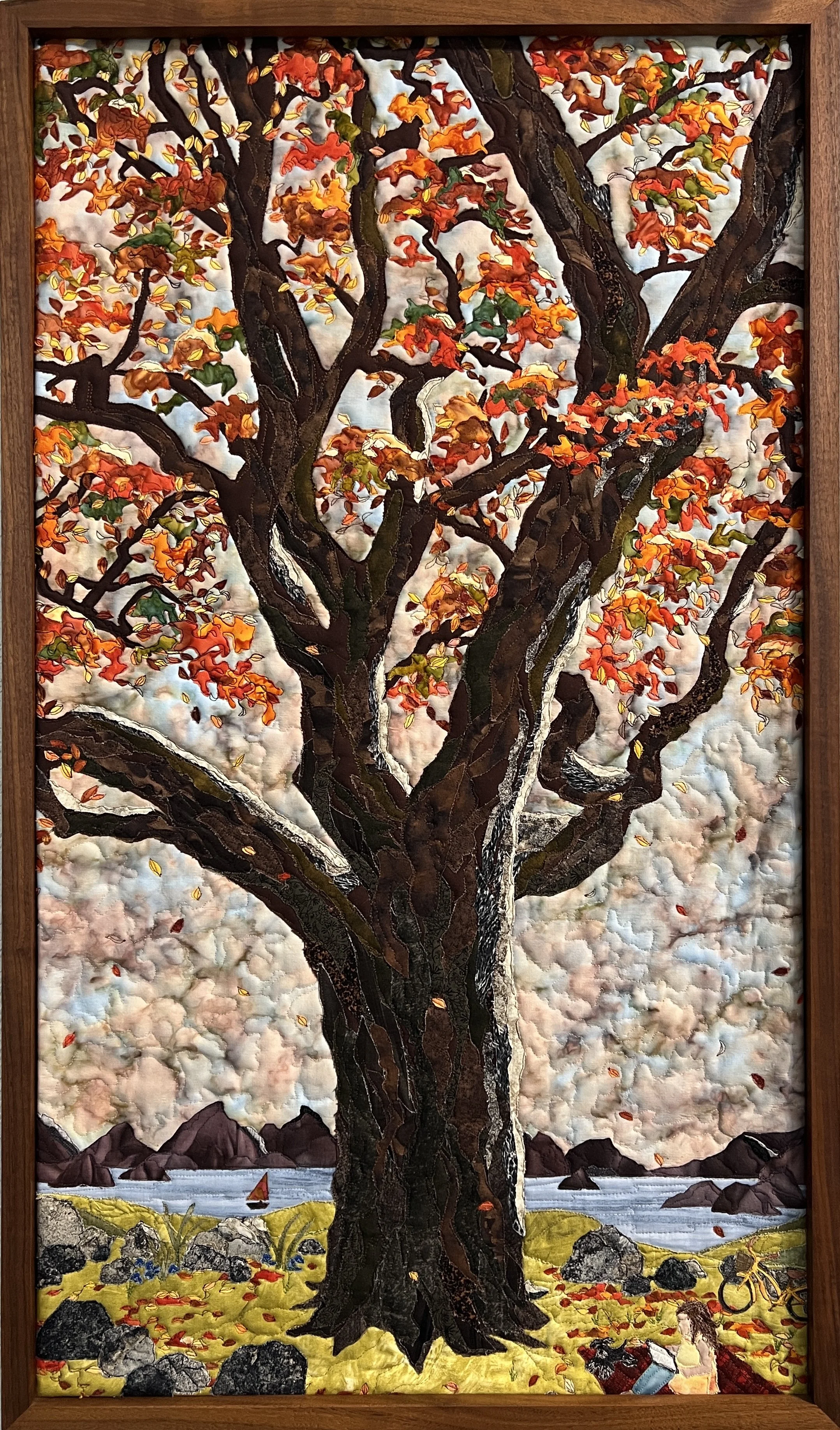 Cynthia Minoli artwork of a Fall tree Collage, Fall Textile Artwork, Fabric Collage by Cynthia Minoli