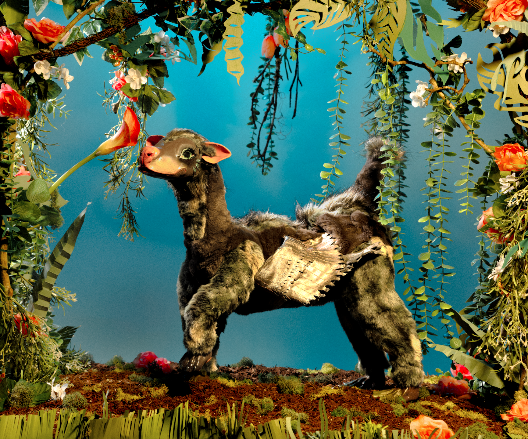'Cwtch' reaches to smell a flower with its long neck.