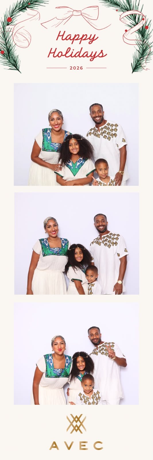 Holiday photo booth strip with a custom Happy Holidays 2026 template, taken with Soft Serve's DSLR photo booth in Washington D.C.