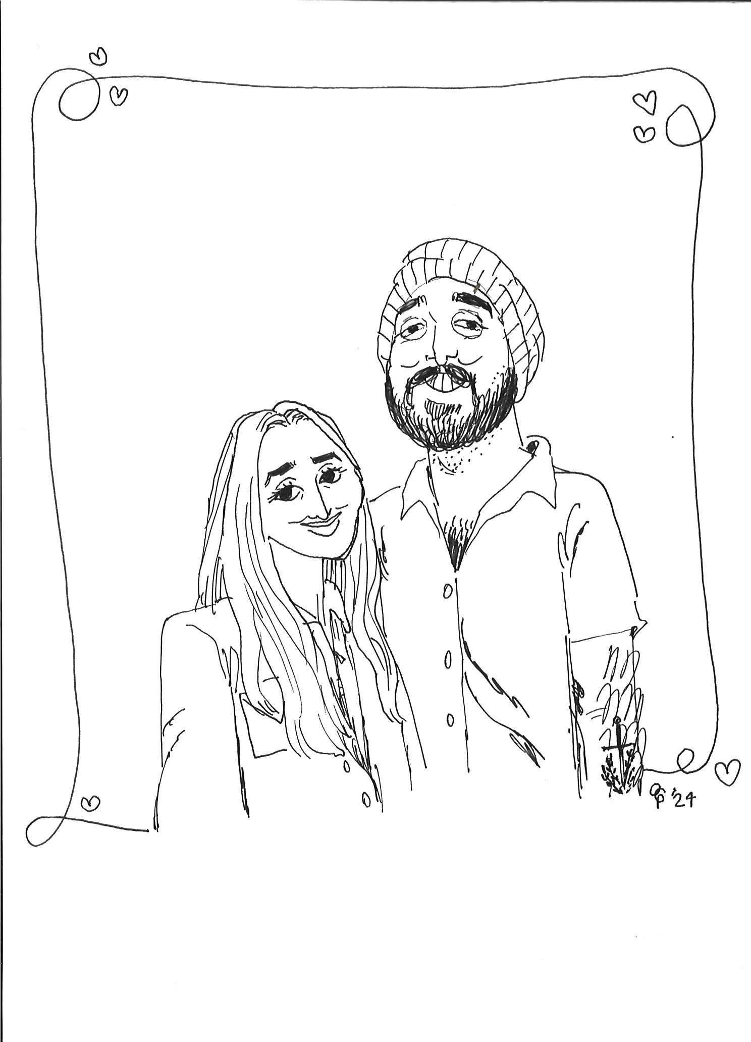 Illustration of a smiling couple, with the man wearing a beanie and the woman with long hair, surrounded by a decorative border with small hearts.