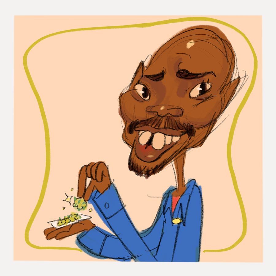 Illustration of a smiling cartoon character in a blue shirt holding a small tray with food, sprinkling seasoning on top.