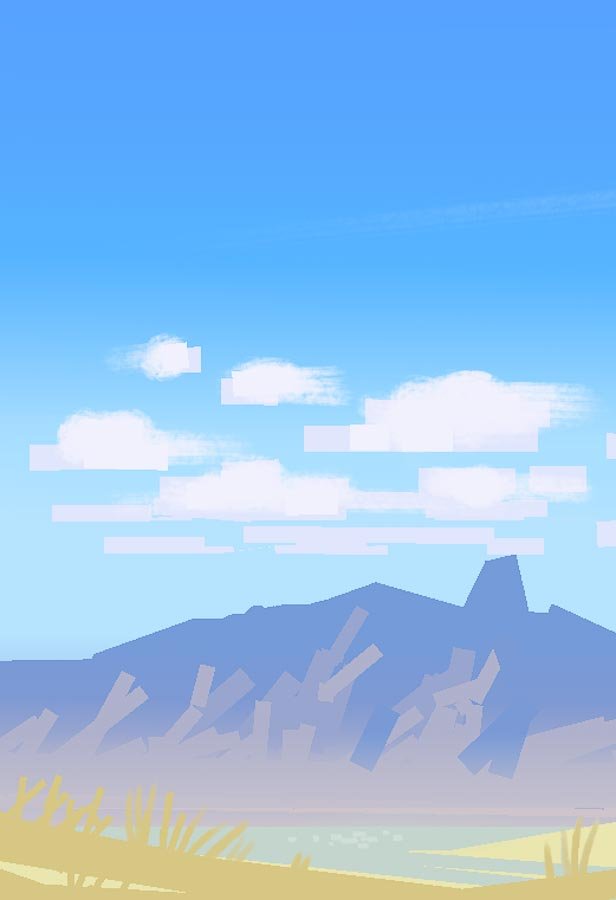 Minimalist landscape illustration with mountains, clouds, and blue sky.
