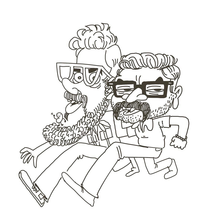 Cartoon characters with exaggerated features and beards dressed in casual clothes, one with sunglasses, interacting playfully. Black and white line art.