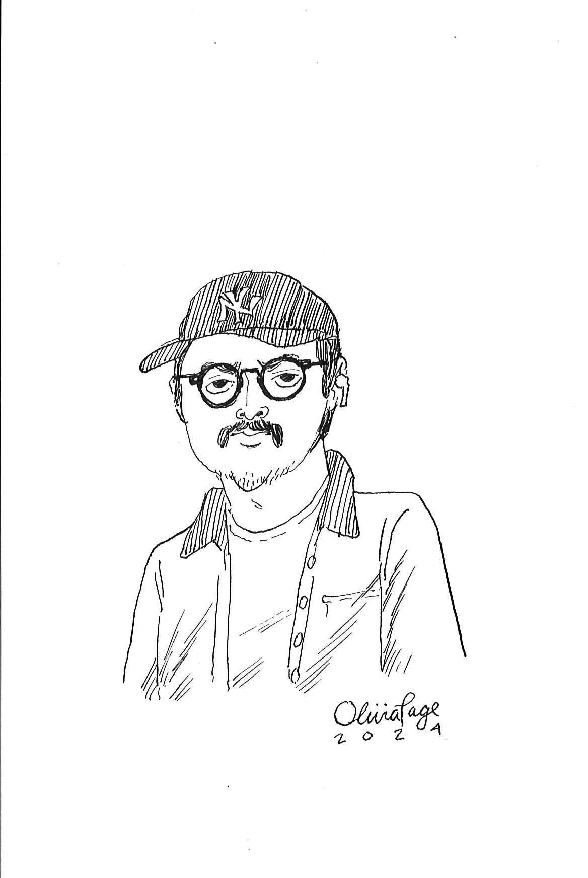 Black and white sketch of a person wearing glasses and a baseball cap with "NY" logo, sporting a mustache, button-up shirt, and open jacket.