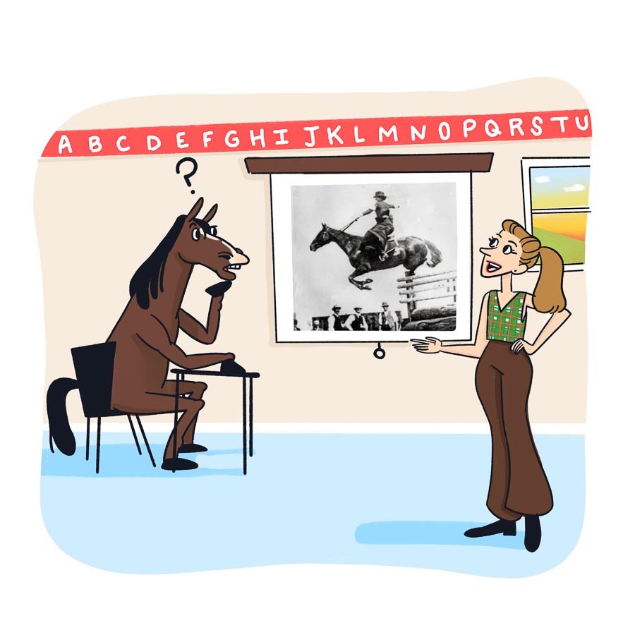 A cartoon scene featuring a horse sitting at a desk in a classroom, looking perplexed. A teacher is pointing at a historical black-and-white photo of a person riding a horse over a jump. The classroom has an alphabet border on the wall.