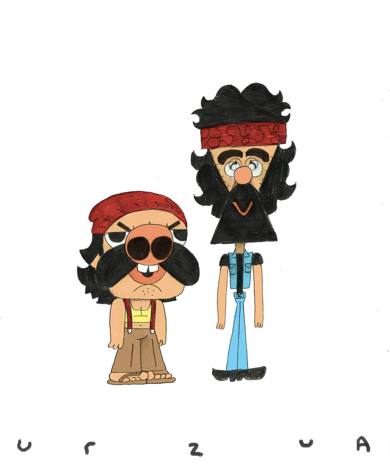 Cartoon characters resembling hippies with sunglasses and headbands.
