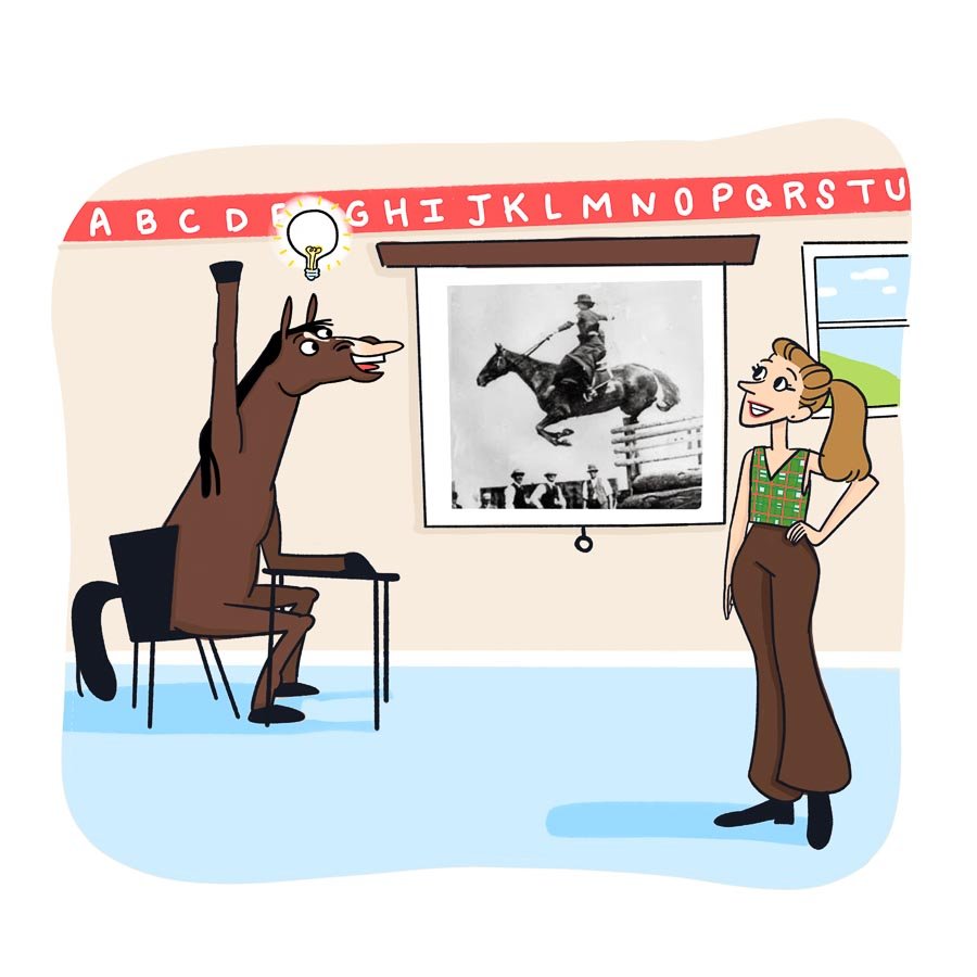Cartoon horse raising hand in classroom with teacher and historic horse photo.