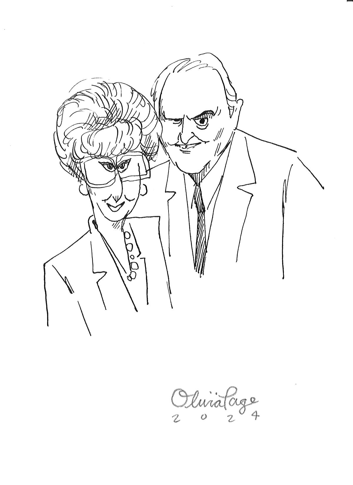 Black and white sketch of two people, one with oversized glasses and formal attire, drawn by Olivia Lago in 2024.