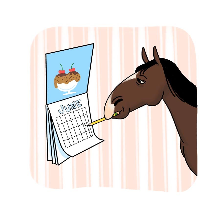 Illustration of a horse holding a pencil and pointing at a calendar showing the month of June with a dessert image on top.