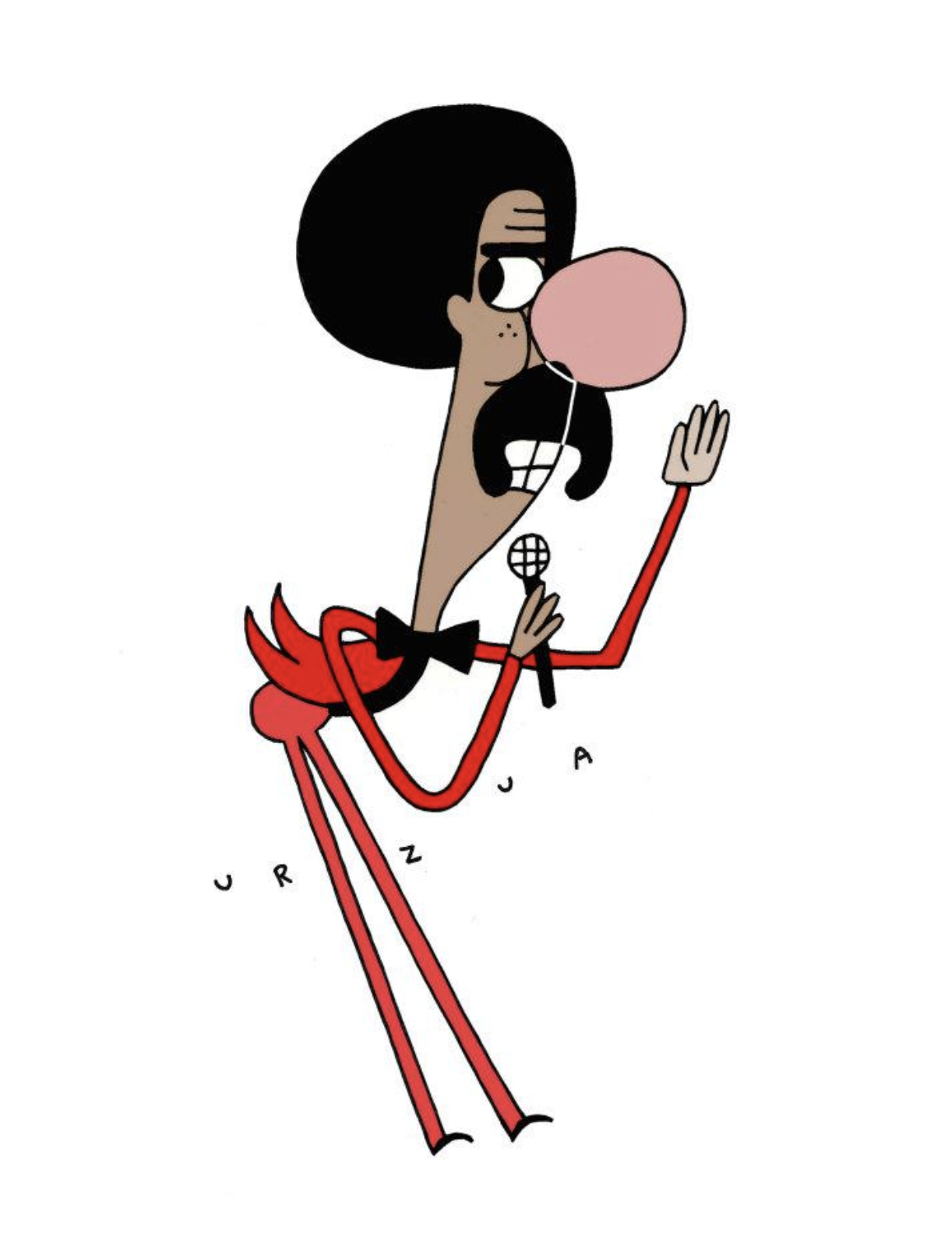 Cartoon character with afro, mustache, and red suit blowing a bubble with gum while holding a microphone.