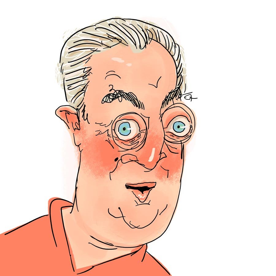 Cartoon of a surprised man with bulging eyes and exaggerated features wearing an orange shirt.