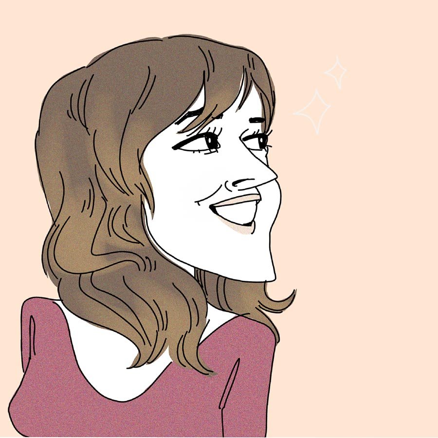 Illustration of a woman with long hair and a big smile, wearing a maroon top against a peach background.