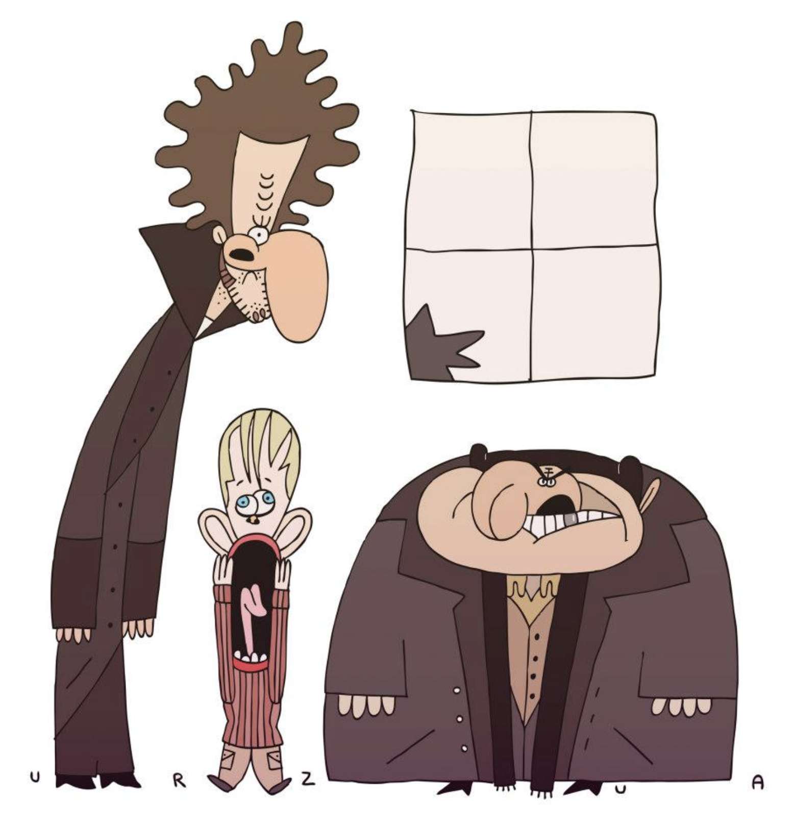 Cartoon characters in exaggerated styles with a small boy in the center screaming, surrounded by two adults. One adult is slim with wild hair, the other is short and stout. A four-paneled window with a handprint is in the background.