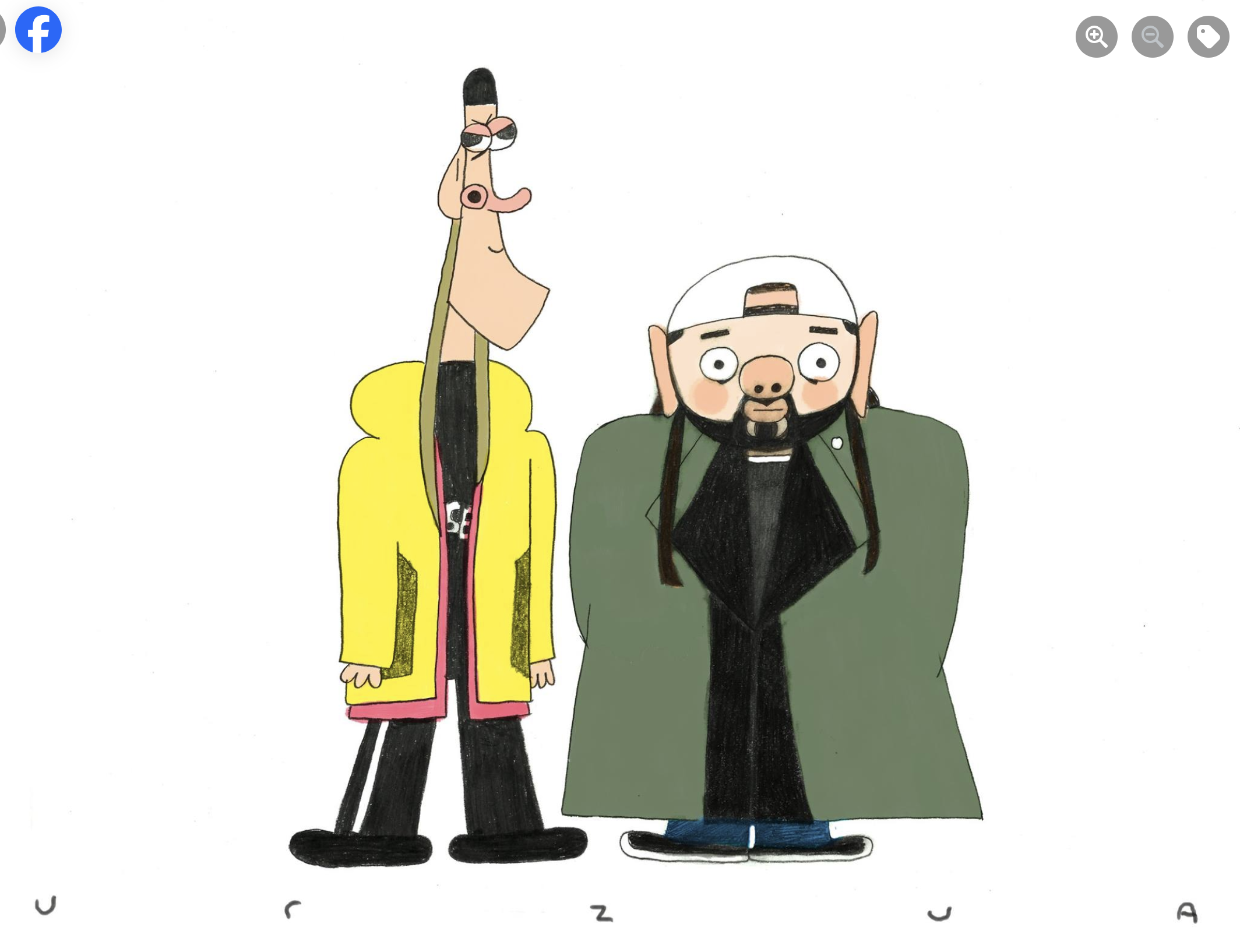 Cartoon characters of two men; one tall and thin with a yellow jacket, the other shorter with a hat, beard, and green coat, depicted with exaggerated features.
