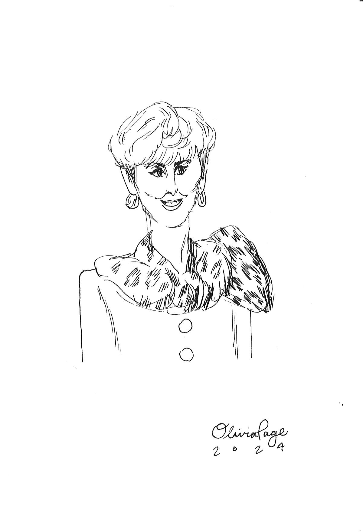 Sketch of a person with short hair and earrings, wearing a buttoned coat and a patterned scarf, signed "Olivia Page 2024."