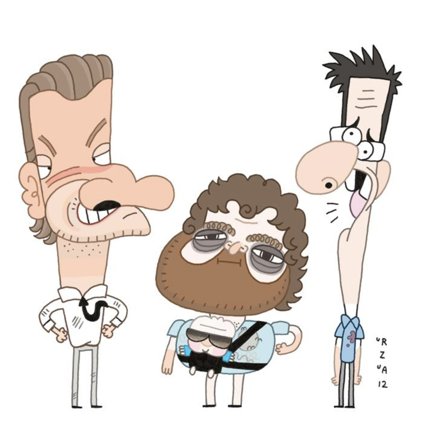 Caricature drawing of three men with exaggerated features, including a bearded man carrying a baby, drawn in a humorous style.