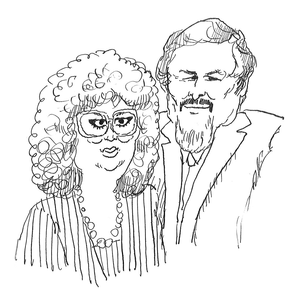 Caricature drawing of a couple; the woman has curly hair and is wearing glasses and a necklace, and the man has a beard and is in a suit.