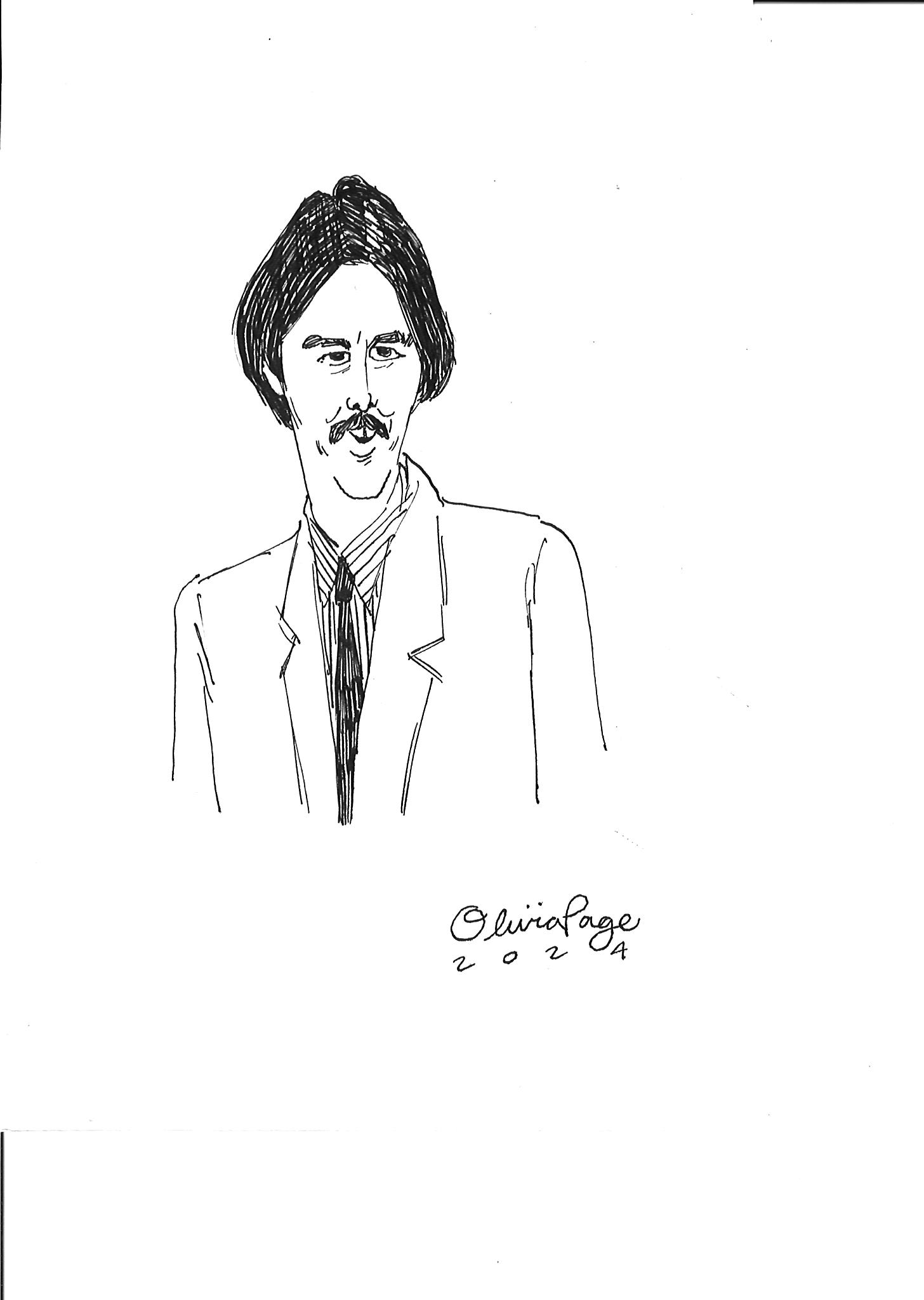 Black and white line drawing of a man with a mustache, wearing a suit and tie, signed "Olivia Page 2024."