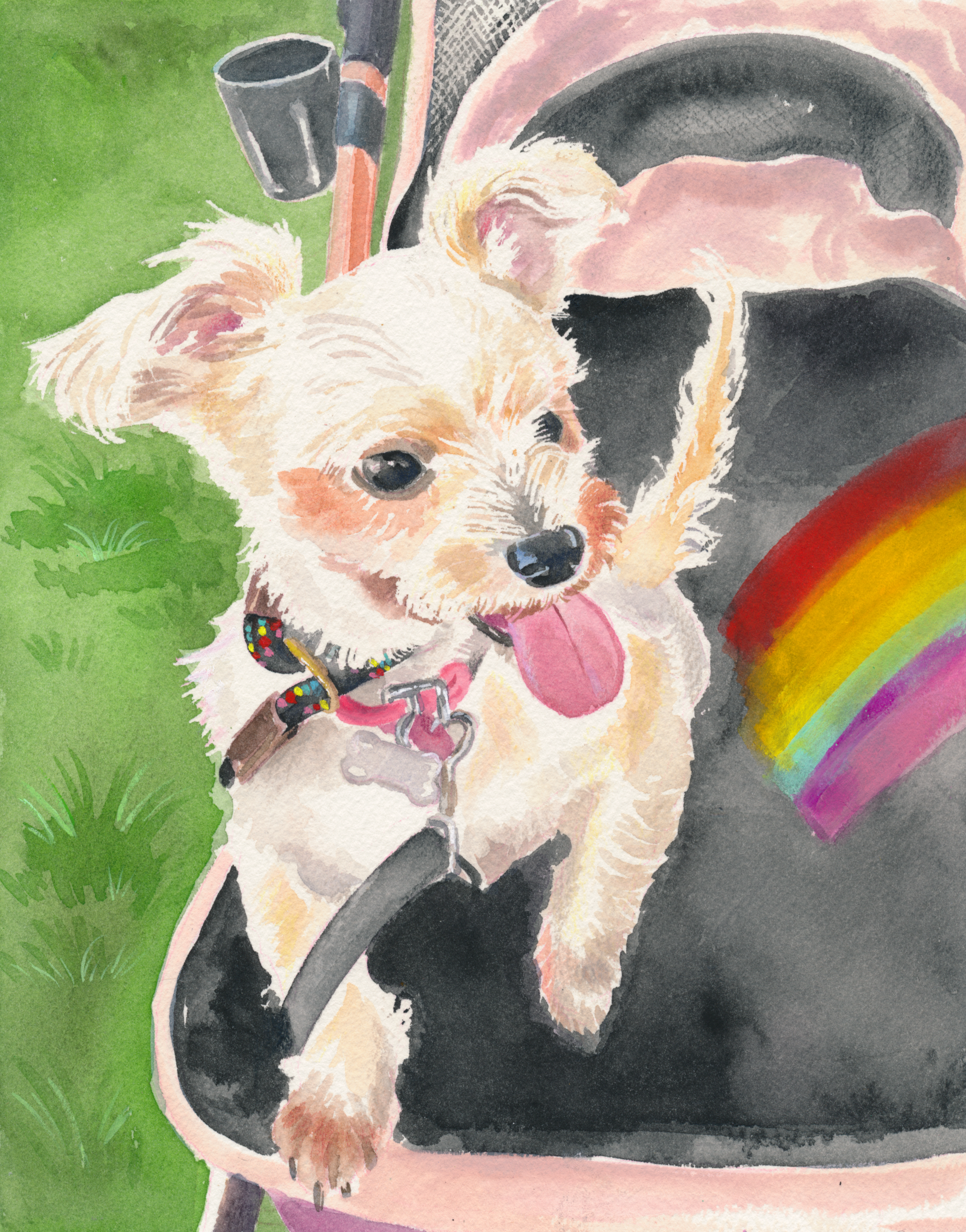 8x10 watercolor, pet in favorite stroller