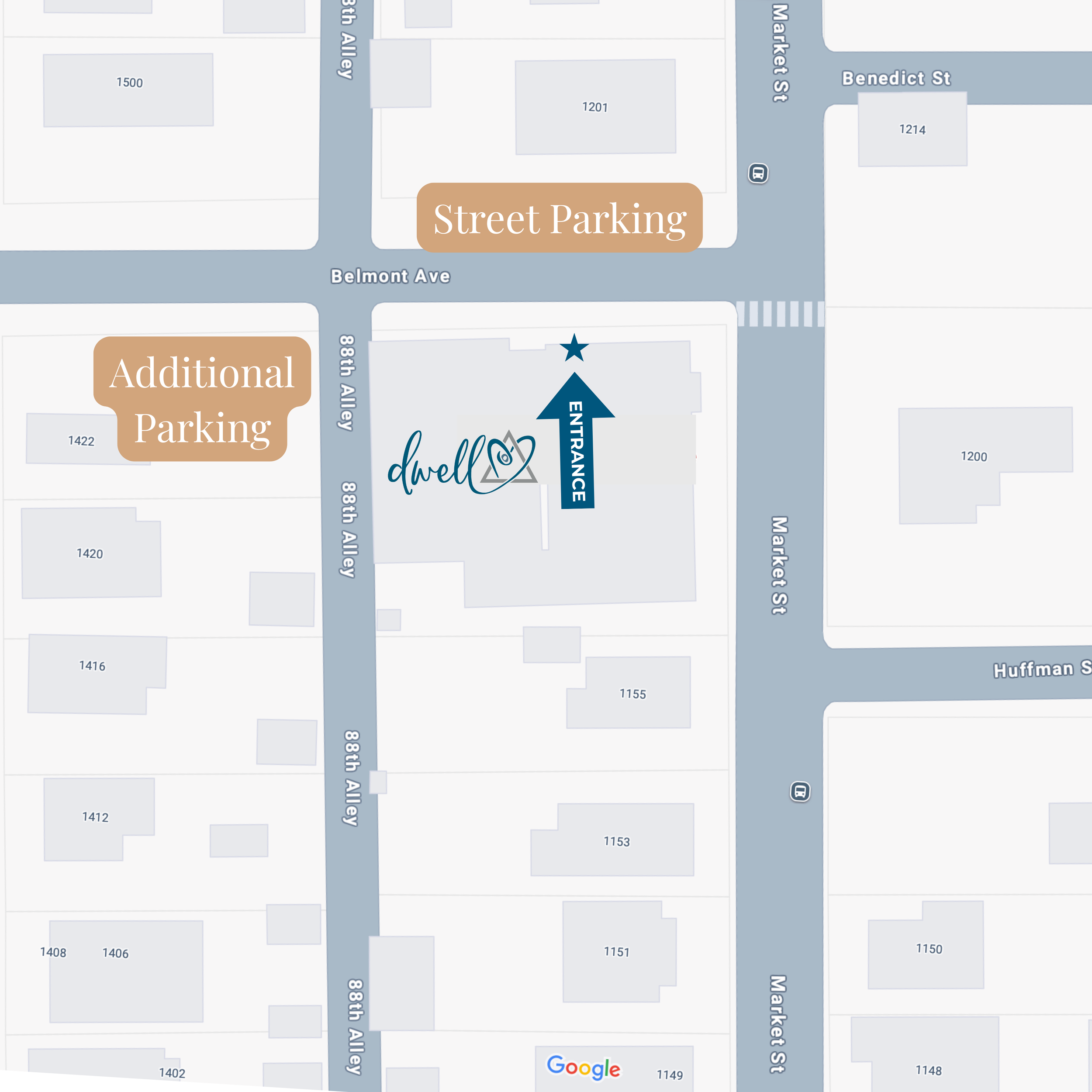 Map showing the location of Dwell with an entrance marked by a blue star, sidewalk crosswalks, street parking on Belmont Avenue, additional parking on 88th Alley, and surrounding streets including Market Street and Huffman Street.