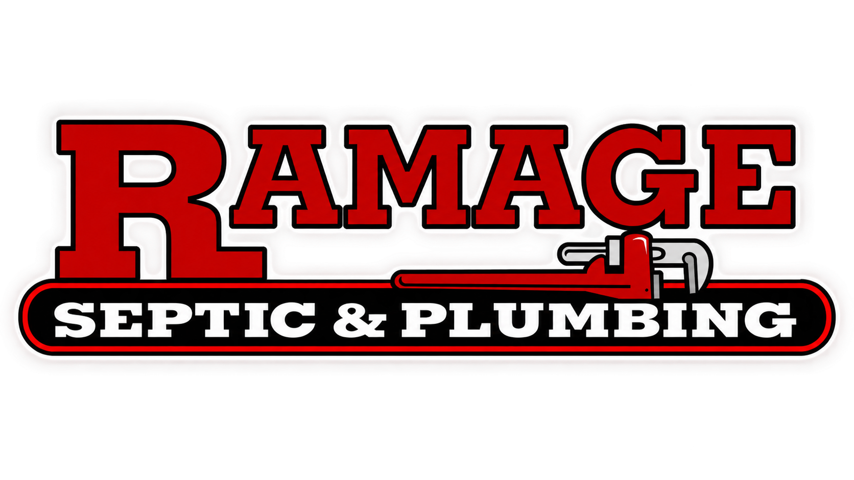 Logo for Ramage Septic & Plumbing featuring red and black text with a pipe and wrench graphic
