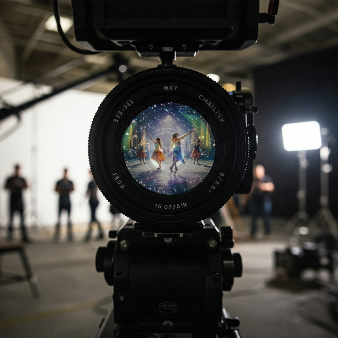 Close-up of a camera lens focusing on a scene of dancers in colorful costumes on a soundstage, with blurred background of a studio set and crew members.
