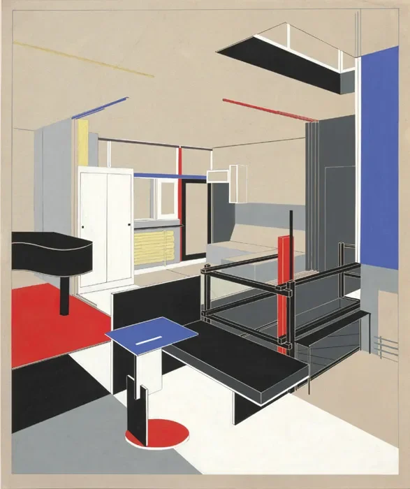 Gerrit Rietveld, Rietveld-Schröder House, 1924, Utrecht, the Netherlands, rendering showing girl’s sleeping area, 1951