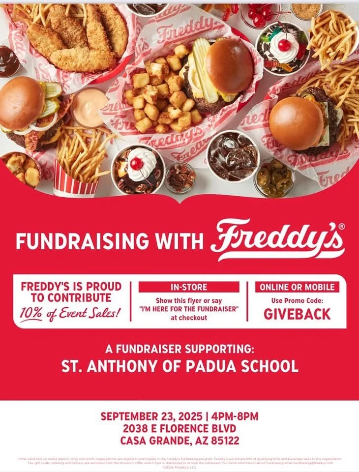 🍔✨ Join us for Family Food Night at Freddy&rsquo;s on Tuesday, September 23rd from 4&ndash;8 PM!
10% of sales will go back to St. Anthony of Padua School &ndash; just show the flyer or mention the fundraiser at checkout.
PLUS 🎟️ Don&rsquo;t forget 
